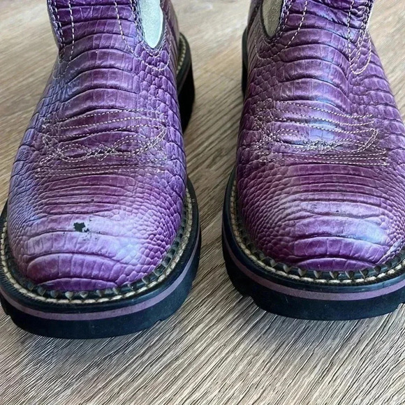 VTG. Ariat Fatbaby PURPLE /BONE CROCODILE PRINT Leather Mid Calf Boots Size 6.5 - Picture 13 of 16